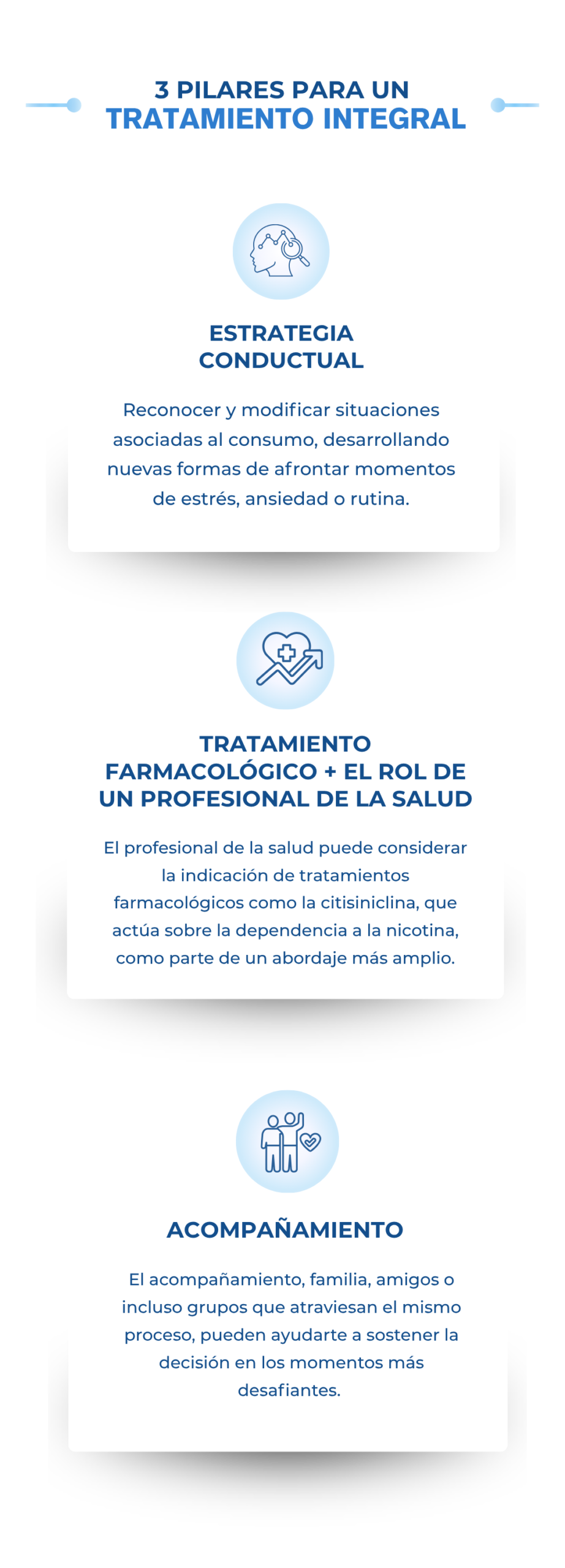 3 PILARES PARA UN TRATAMIENTO INTEGRAL ESTRATEGIA CONDUCTUAL Reconocer y modificar situaciones asociadas al consumo, desarrollando nuevas formas de afrontar momentos de estrés, ansiedad o rutina. TRATAMIENTO FARMACOLÓGICO + EL ROL DE UN PROFESIONAL DE LA SALUD El profesional de la salud puede considerar la indicación de tratamientos farmacológicos como la citisiniclina, que actúa sobre la dependencia a la nicotina, como parte de un abordaje más amplio. ACOMPAÑAMIENTO El acompañamiento, familia, amigos o incluso grupos que atraviesan el mismo proceso, pueden ayudarte a sostener la decisión en los momentos más desafiantes.