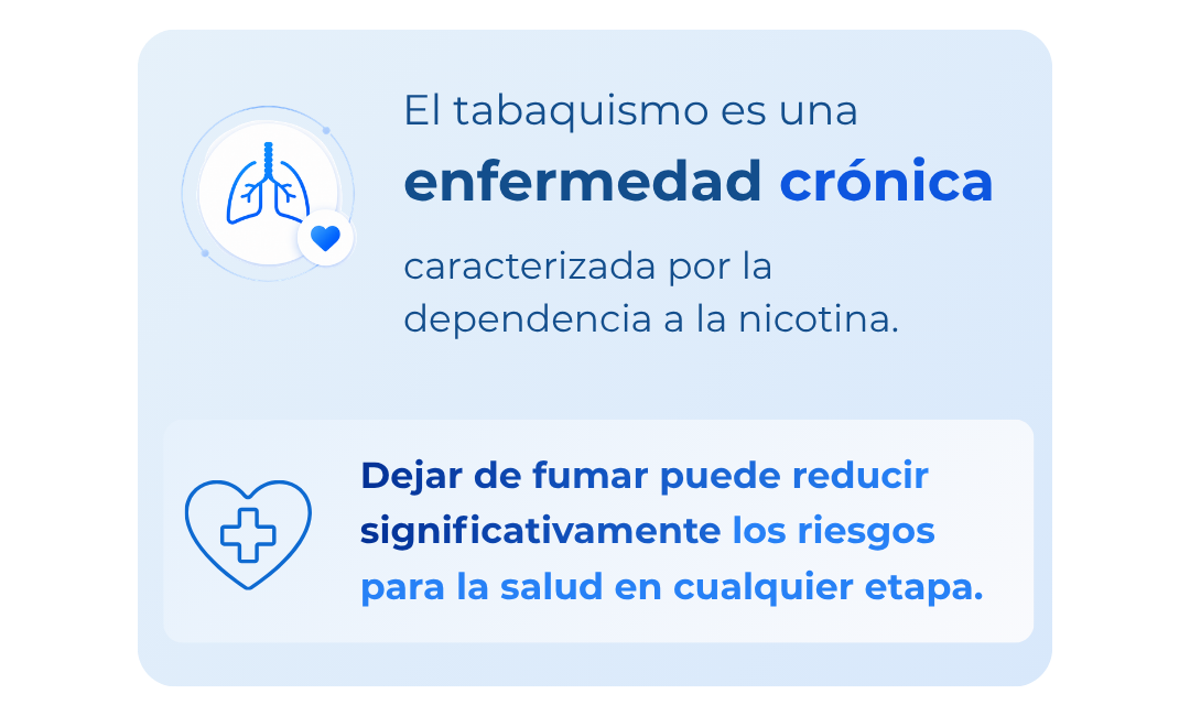 El tabaquismo es una enfermedad crónica caracterizada por la dependencia a la nicotina. Dejar de fumar puede reducir significativamente los riesgos para la salud en cualquier etapa.